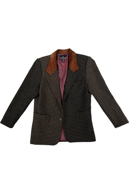 Vintage Houndstooth Blazer with Suede Collar