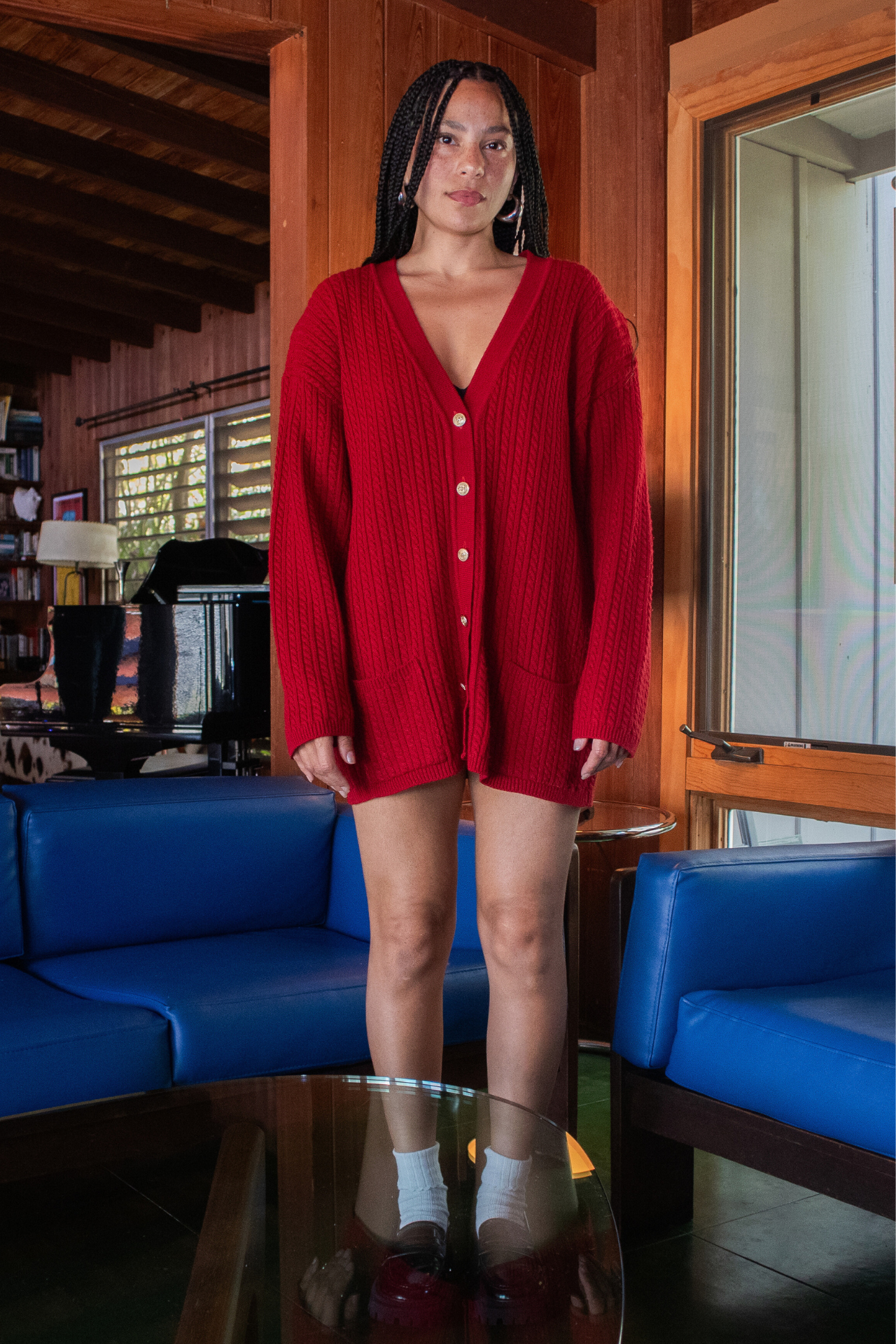 Vintage Red Wool Cardigan with Gold Buttons