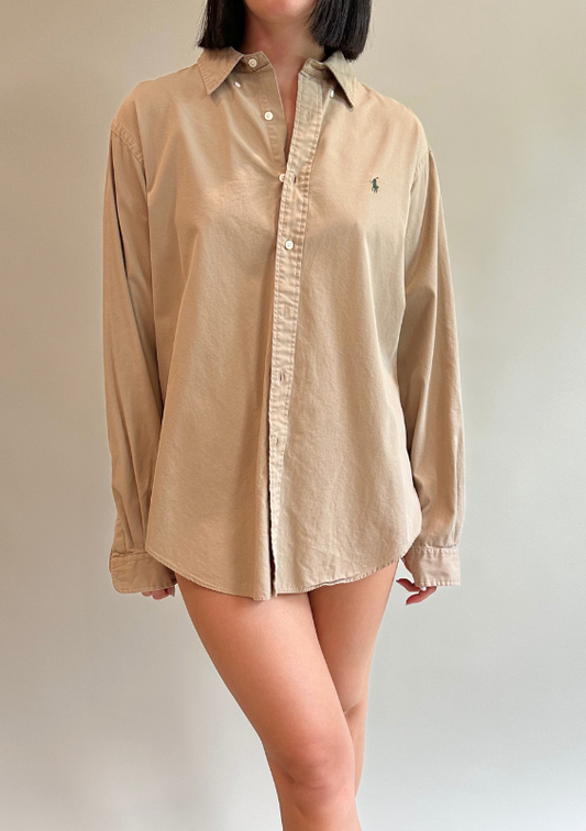 Vintage Ralph Lauren Men's Beige Button Down Shirt