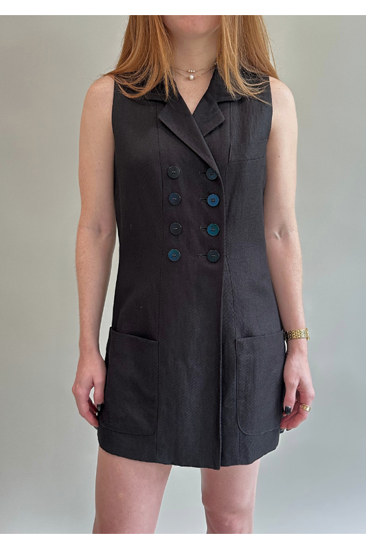 Black Sleeveless Linen Vest Dress with Buttons