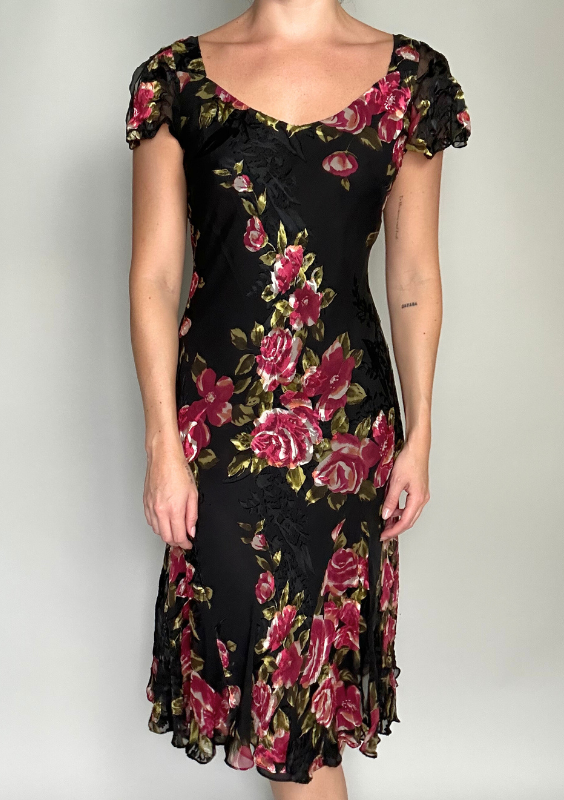 Vintage Floral Printed Flare Midi Dress