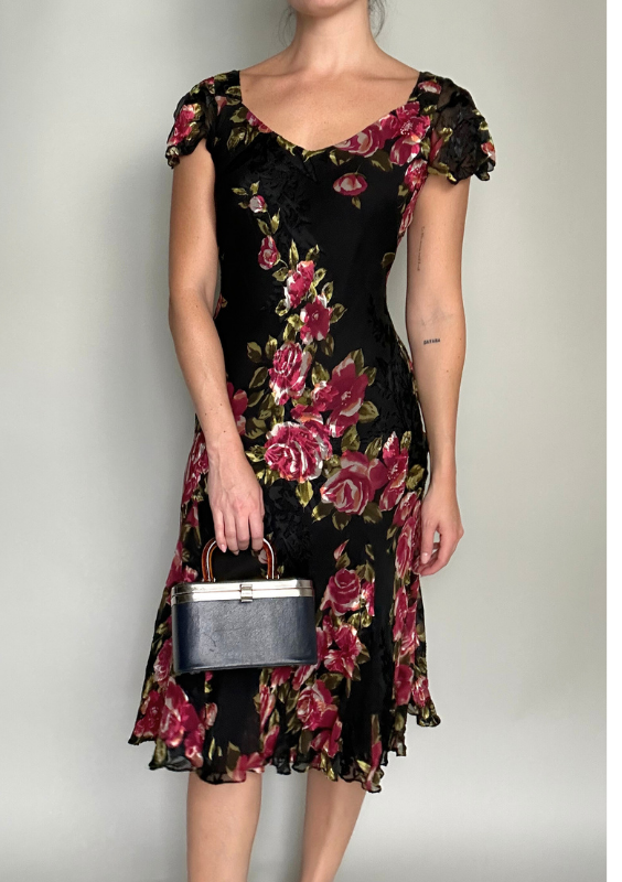 Vintage Floral Printed Flare Midi Dress