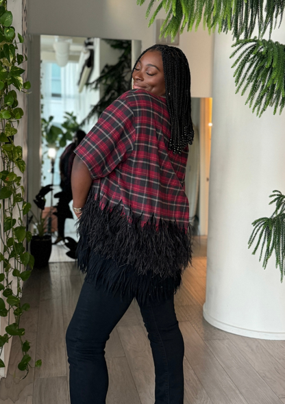 Plaid Feather-Trimmed Button Down Shirt