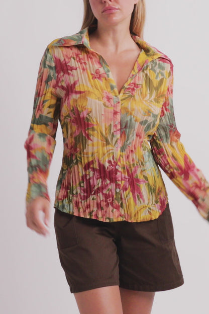 Colorful Floral Pleated Button Down