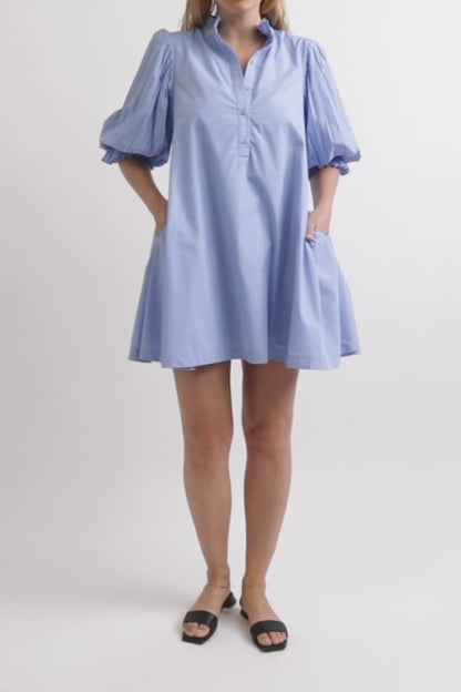 Sovere Blue Mini Dress with Pleated Sleeves