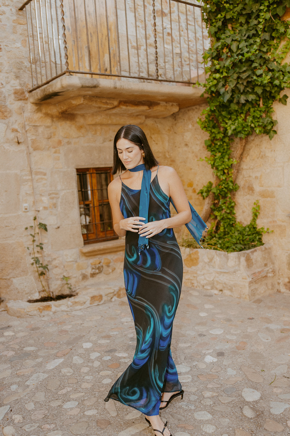 silk dress with scarf around neck Scarf Neck Ruched Satin Dress