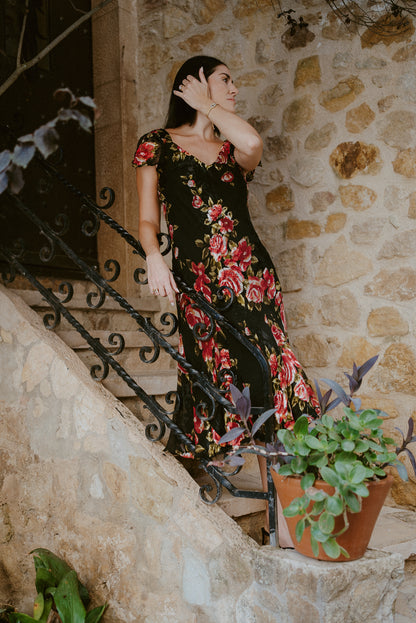 Vintage Floral Printed Flare Midi Dress