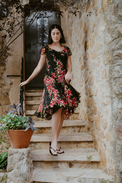 Vintage Floral Printed Flare Midi Dress